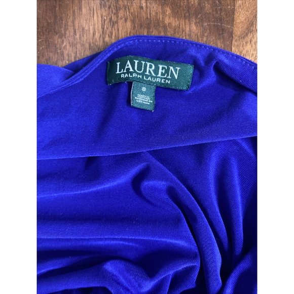 Ralph Lauren Dress Royal Blue 8 Ruched Side V Neck Wiggle Midi 3/4 Ruffle Sleeve - Picture 7 of 8